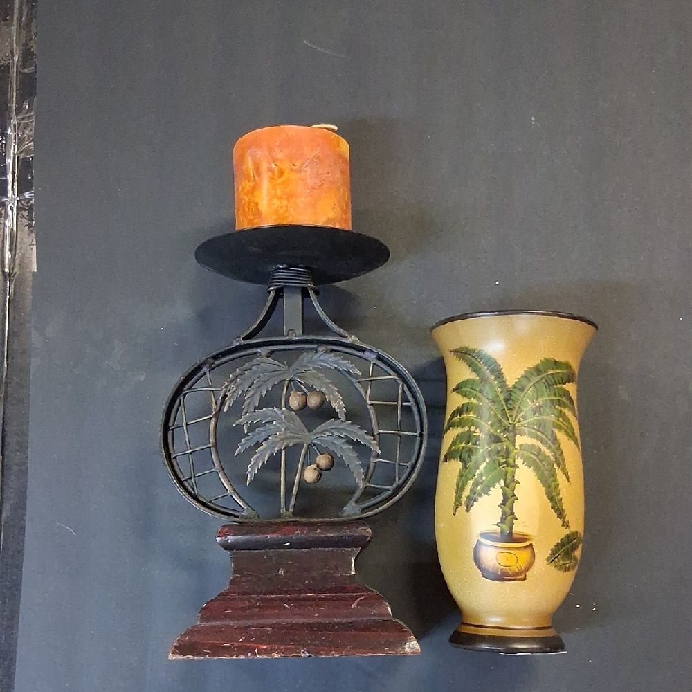 Decorative metal & wood hurricane candle holder & tropical themed vase